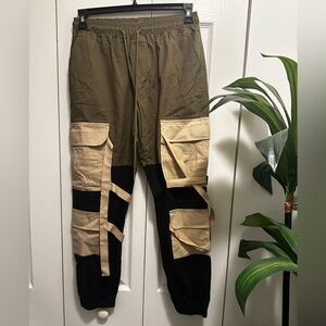 Fashion Nova Khaki and Black Joggers with Beige Details